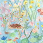 Watercolored swans, turtles, frogs, and fish swim in a flora filled pond beneath an arch of climbing plants and grasses. Lily Pond Mural contains a rainbow of soft watercolors - yellow, peach, apricot, green and blue. Hillery Sproat + Hygge & West