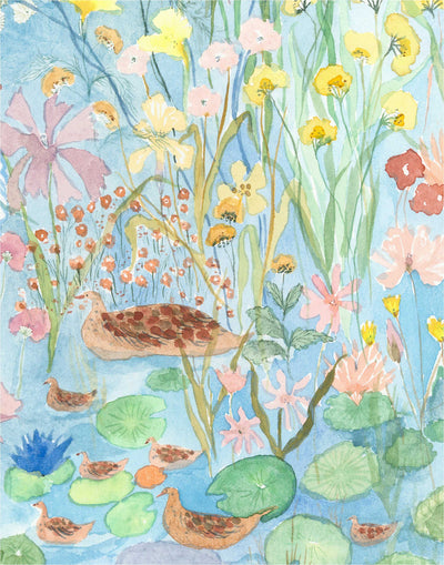 Watercolored swans, turtles, frogs, and fish swim in a flora filled pond beneath an arch of climbing plants and grasses. Lily Pond Mural contains a rainbow of soft watercolors - yellow, peach, apricot, green and blue. Hillery Sproat + Hygge & West