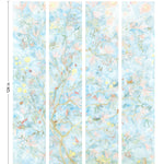 Watercolored birds, butterflies and tree sprites flutter about in an orchard of trees in our Tree Sprites mural. Yellow, pink, peach, and green on a soft blue background. Hillery Sproat + Hygge & West