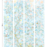 Watercolored birds, butterflies and tree sprites flutter about in an orchard of trees in our Tree Sprites mural. Yellow, pink, peach, and green on a soft blue background. Hillery Sproat + Hygge & West