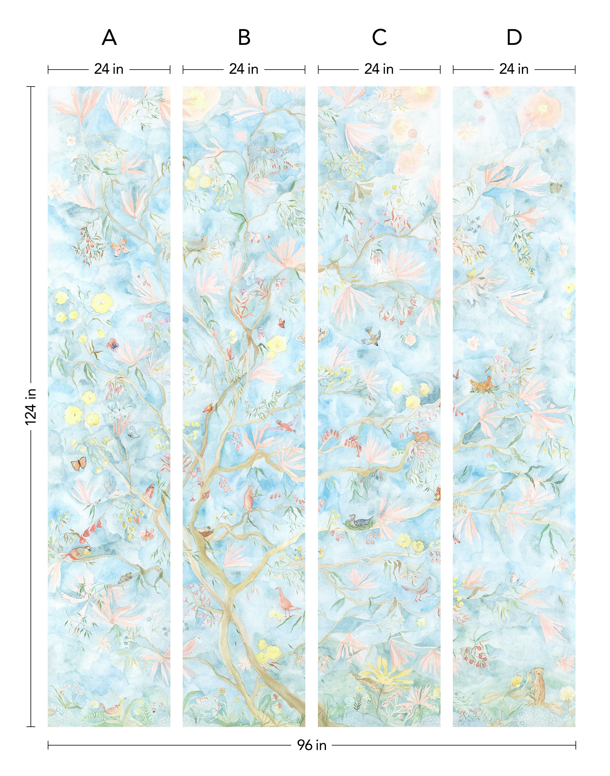 Watercolored birds, butterflies and tree sprites flutter about in an orchard of trees in our Tree Sprites mural. Yellow, pink, peach, and green on a soft blue background. Hillery Sproat + Hygge & West