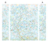 Watercolored birds, butterflies and tree sprites flutter about in an orchard of trees in our Tree Sprites mural. Yellow, pink, peach, and green on a soft blue background. Hillery Sproat + Hygge & West