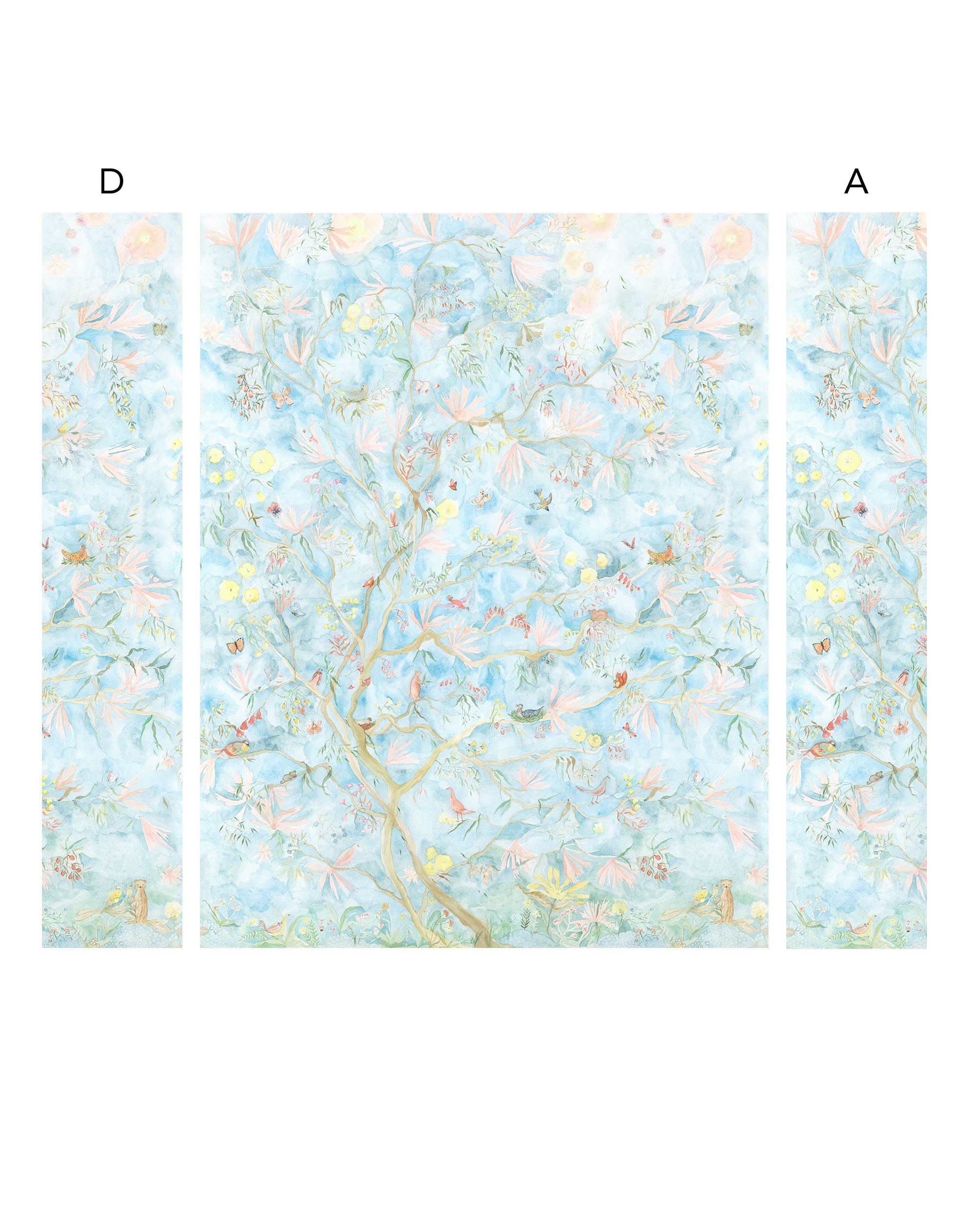 Watercolored birds, butterflies and tree sprites flutter about in an orchard of trees in our Tree Sprites mural. Yellow, pink, peach, and green on a soft blue background. Hillery Sproat + Hygge & West