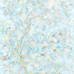 Watercolored birds, butterflies and tree sprites flutter about in an orchard of trees in our Tree Sprites mural. Yellow, pink, peach, and green on a soft blue background. Hillery Sproat + Hygge & West