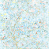 Watercolored birds, butterflies and tree sprites flutter about in an orchard of trees in our Tree Sprites mural. Yellow, pink, peach, and green on a soft blue background. Hillery Sproat + Hygge & West
