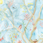 Watercolored birds, butterflies and tree sprites flutter about in an orchard of trees in our Tree Sprites mural. Yellow, pink, peach, and green on a soft blue background. Hillery Sproat + Hygge & West