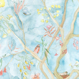 Watercolored birds, butterflies and tree sprites flutter about in an orchard of trees in our Tree Sprites mural. Yellow, pink, peach, and green on a soft blue background. Hillery Sproat + Hygge & West