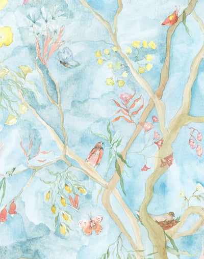 Watercolored birds, butterflies and tree sprites flutter about in an orchard of trees in our Tree Sprites mural. Yellow, pink, peach, and green on a soft blue background. Hillery Sproat + Hygge & West