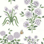 This large-scale wallpaper features hand drawn bees, butterflies and other garden friends frolic among flowers - camellias, hellebores, irises, and snowball trees. Harmony (Ebony) is printed in shades of green and purple on a white background.