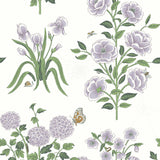 This large-scale wallpaper features hand drawn bees, butterflies and other garden friends frolic among flowers - camellias, hellebores, irises, and snowball trees. Harmony (Ebony) is printed in shades of green and purple on a white background.