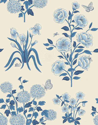 This large-scale wallpaper features hand drawn bees, butterflies and other garden friends frolic among flowers - camellias, hellebores, irises, and snowball trees. Harmony (Porcelain) is printed in shades of blue on a cream background.