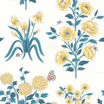 This large-scale wallpaper features hand drawn bees, butterflies and other garden friends frolic among flowers - camellias, hellebores, irises, and snowball trees. Harmony (Flax) is printed in shades of green and yellow on an off white background.