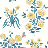 This large-scale wallpaper features hand drawn bees, butterflies and other garden friends frolic among flowers - camellias, hellebores, irises, and snowball trees. Harmony (Flax) is printed in shades of green and yellow on an off white background.