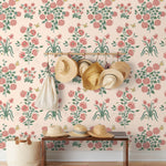 This large-scale wallpaper features hand drawn bees, butterflies and other garden friends frolic among flowers - camellias, hellebores, irises, and snowball trees. Harmony (Blush) is printed in shades of green and pink on a blush background.