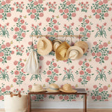 This large-scale wallpaper features hand drawn bees, butterflies and other garden friends frolic among flowers - camellias, hellebores, irises, and snowball trees. Harmony (Blush) is printed in shades of green and pink on a blush background.
