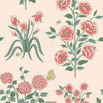 This large-scale wallpaper features hand drawn bees, butterflies and other garden friends frolic among flowers - camellias, hellebores, irises, and snowball trees. Harmony (Blush) is printed in shades of green and pink on a blush background.