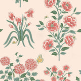 This large-scale wallpaper features hand drawn bees, butterflies and other garden friends frolic among flowers - camellias, hellebores, irises, and snowball trees. Harmony (Blush) is printed in shades of green and pink on a blush background.