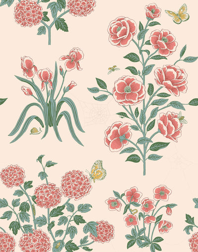 This large-scale wallpaper features hand drawn bees, butterflies and other garden friends frolic among flowers - camellias, hellebores, irises, and snowball trees. Harmony (Blush) is printed in shades of green and pink on a blush background.