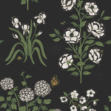 This large-scale wallpaper features hand drawn bees, butterflies and other garden friends frolic among flowers - camellias, hellebores, irises, and snowball trees. Harmony (Ebony) is printed in shades of green and white on a black background.