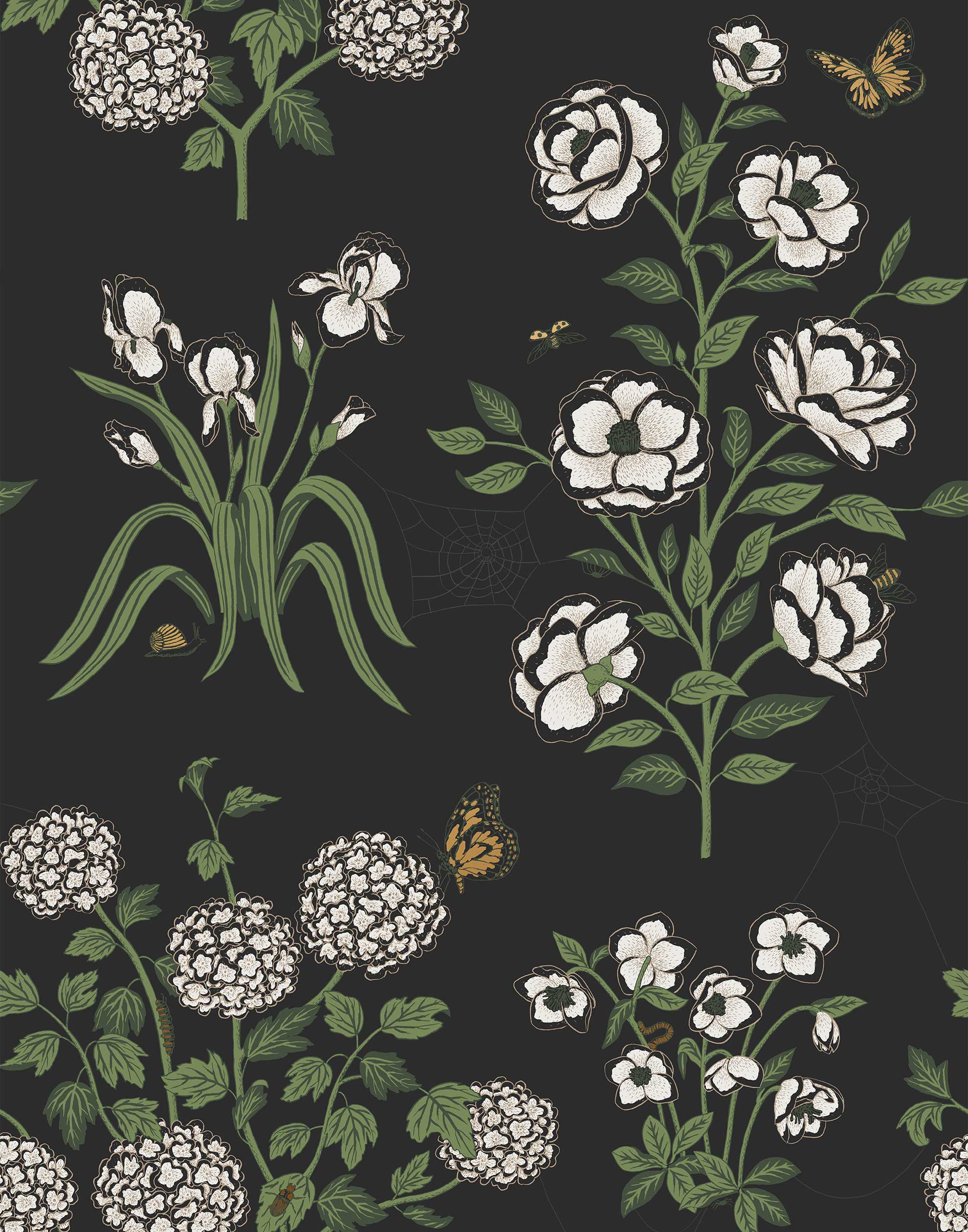 This large-scale wallpaper features hand drawn bees, butterflies and other garden friends frolic among flowers - camellias, hellebores, irises, and snowball trees. Harmony (Ebony) is printed in shades of green and white on a black background.