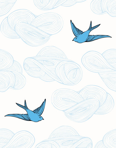 Daydream (French Blue) features a pattern of flying birds and floating clouds in shades of blue on white