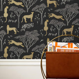 Our Serengeti wallpaper features gold cheetahs and gray birds scattered among gray acacia trees on a black background, reflecting the powerful beauty of the vast plains. Designed by Julia Rothman and made in the USA.
