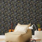 Our Serengeti wallpaper features gold cheetahs and gray birds scattered among gray acacia trees on a black background, reflecting the powerful beauty of the vast plains. Designed by Julia Rothman and made in the USA.