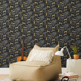 Our Serengeti wallpaper features gold cheetahs and gray birds scattered among gray acacia trees on a black background, reflecting the powerful beauty of the vast plains. Designed by Julia Rothman and made in the USA.
