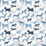 Find your favorite furry friend in our Dog Park pattern, designed in collaboration with Julia Rothman. This wallpaper features blue and navy dogs on a white background.