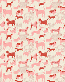 Find your favorite furry friend in our Dog Park pattern, designed in collaboration with Julia Rothman. This wallpaper features red and pink dogs on an off white background.