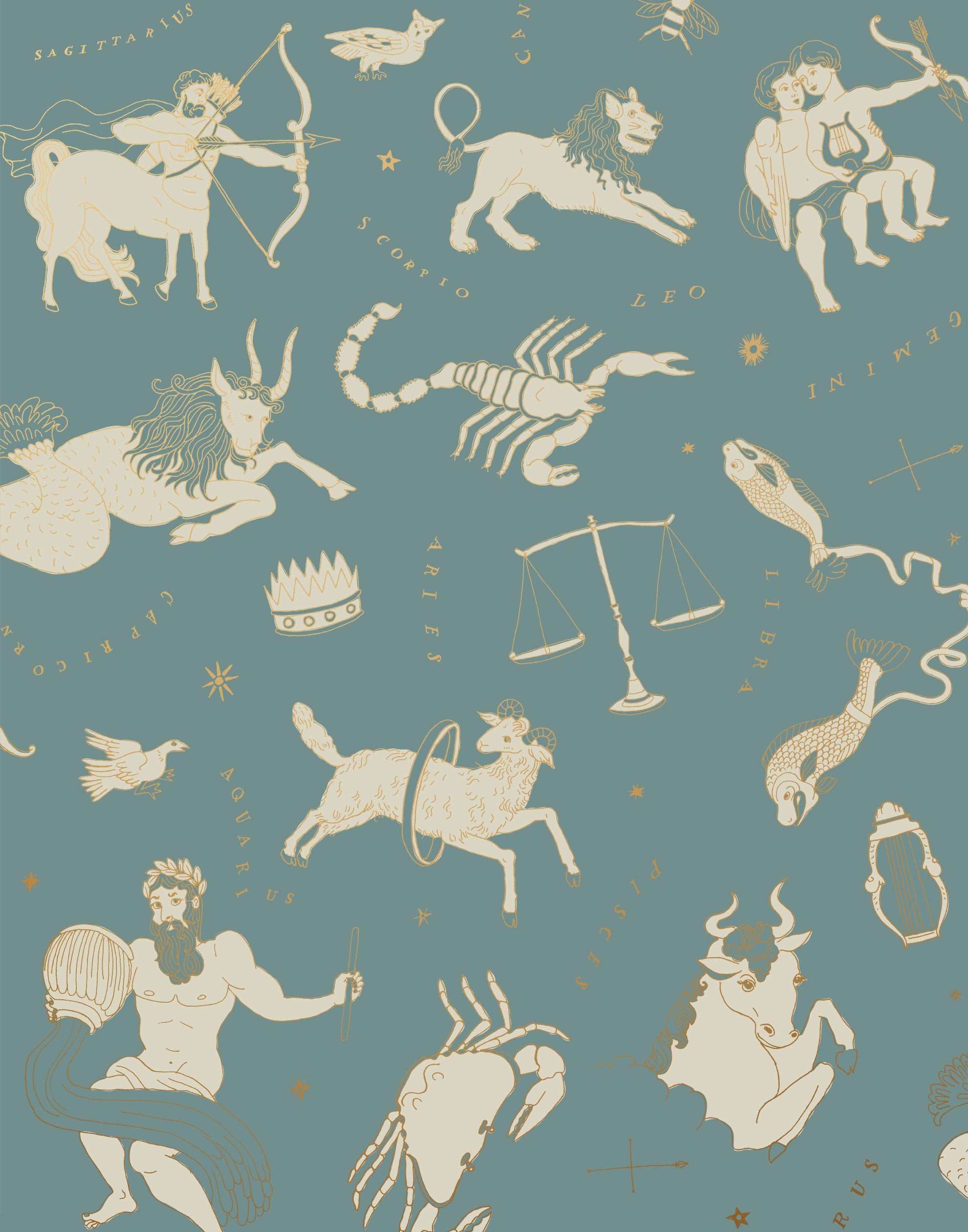 Our In the Stars wallpaper is inspired by Urania’s Mirror, a 19th-century set of astrology charts. This hand-drawn pattern evokes the mysterious motion of celestial bodies. This wallpaper features cream and gold motifs on a blue background and was designed by Julia Rothman.