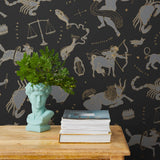 Our In the Stars wallpaper is inspired by Urania’s Mirror, a 19th-century set of astrology charts. This hand-drawn pattern evokes the mysterious motion of celestial bodies. This wallpaper features gray and gold motifs on a black background and was designed by Julia Rothman.