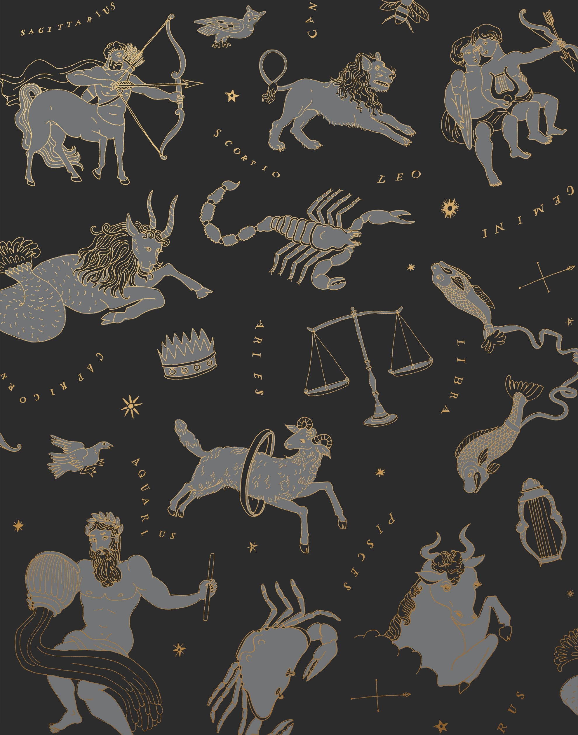 Our In the Stars wallpaper is inspired by Urania’s Mirror, a 19th-century set of astrology charts. This hand-drawn pattern evokes the mysterious motion of celestial bodies. This wallpaper features gray and gold motifs on a black background and was designed by Julia Rothman.