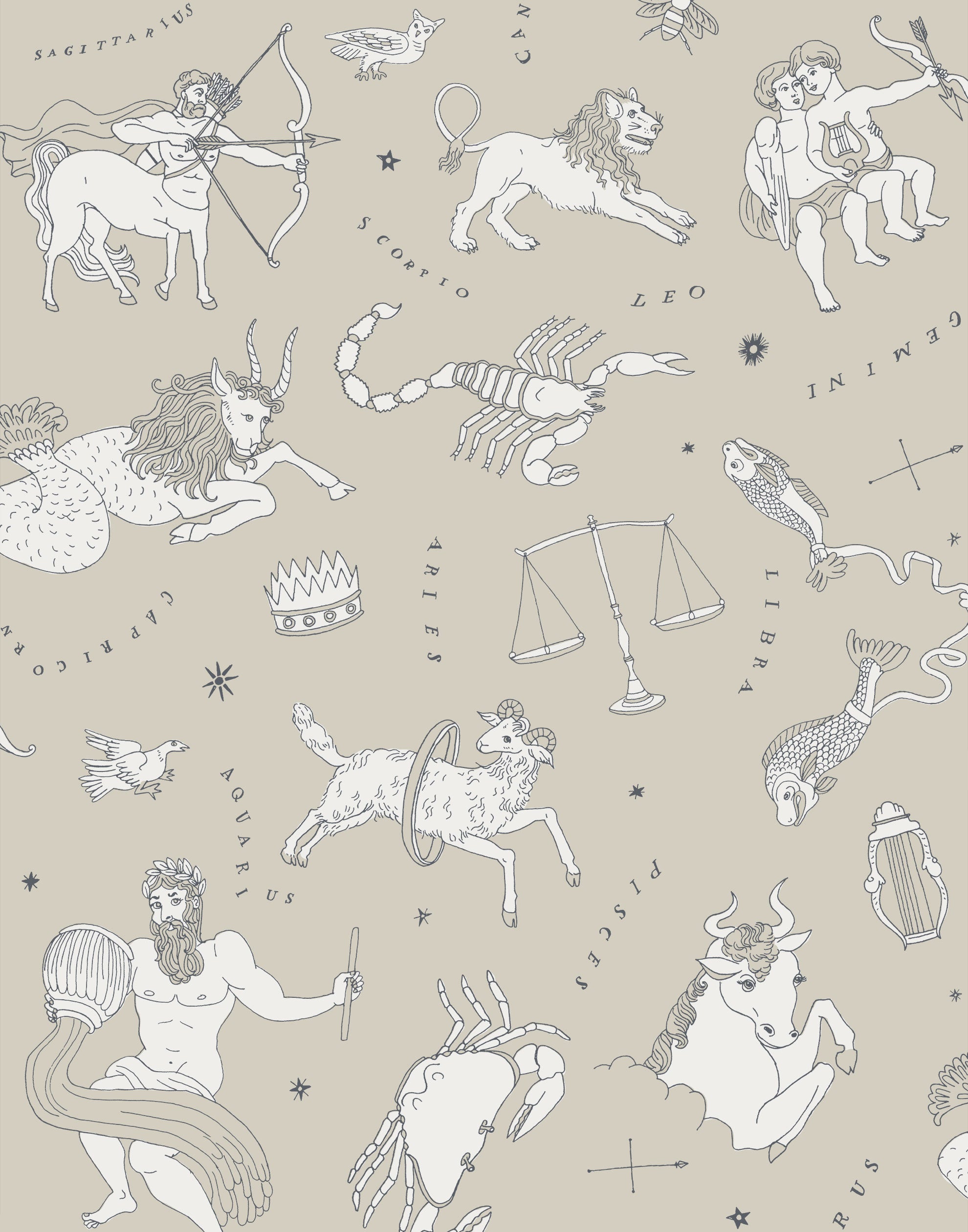Our In the Stars wallpaper is inspired by Urania’s Mirror, a 19th-century set of astrology charts. This hand-drawn pattern evokes the mysterious motion of celestial bodies. This wallpaper features white and black motifs on a cream background and was designed by Julia Rothman.
