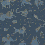 Our In the Stars wallpaper is inspired by Urania’s Mirror, a 19th-century set of astrology charts. This hand-drawn pattern evokes the mysterious motion of celestial bodies. This wallpaper features blue and gold motifs on a navy background and was designed by Julia Rothman.