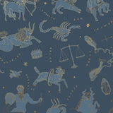 Our In the Stars wallpaper is inspired by Urania’s Mirror, a 19th-century set of astrology charts. This hand-drawn pattern evokes the mysterious motion of celestial bodies. This wallpaper features blue and gold motifs on a navy background and was designed by Julia Rothman.