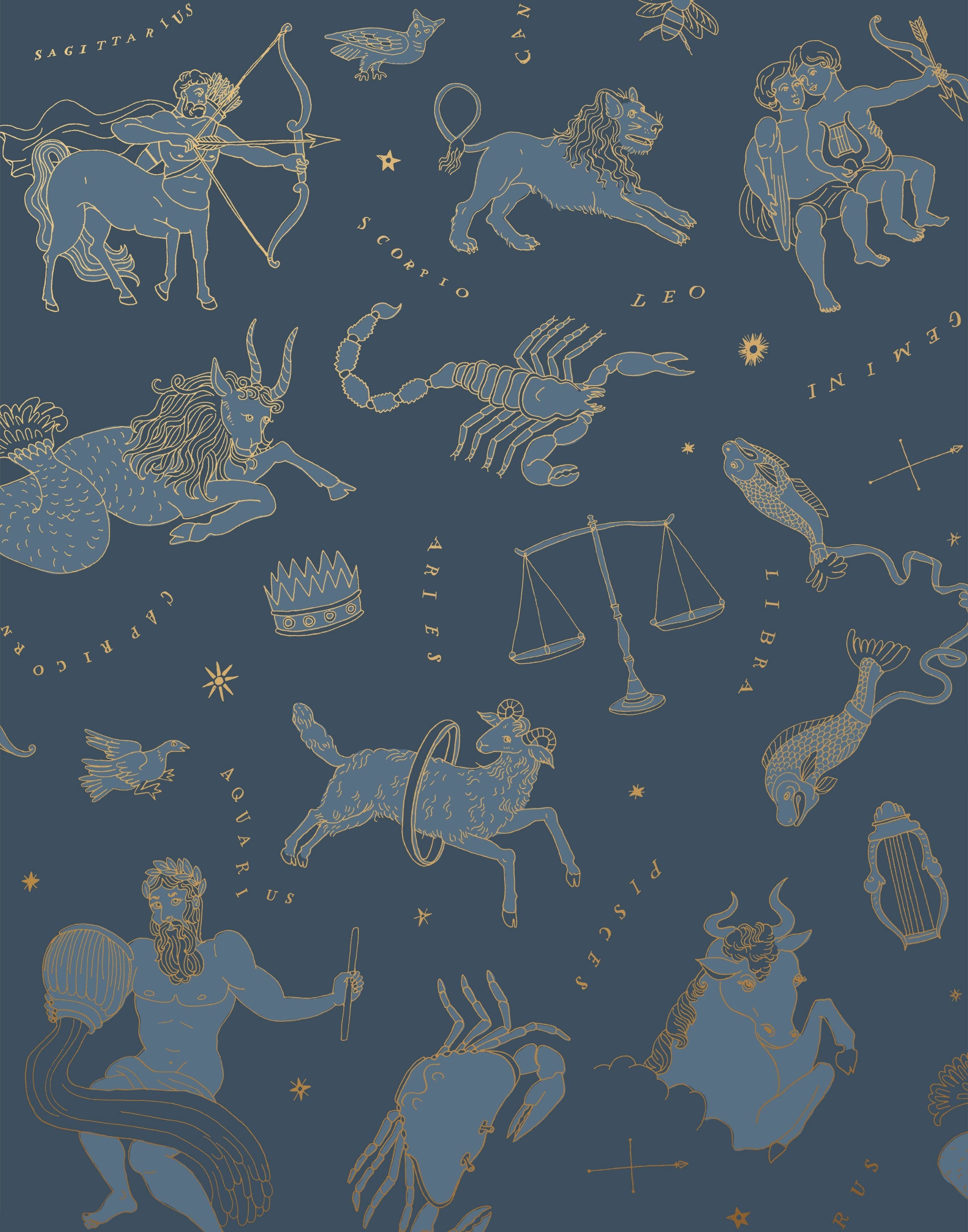 Our In the Stars wallpaper is inspired by Urania’s Mirror, a 19th-century set of astrology charts. This hand-drawn pattern evokes the mysterious motion of celestial bodies. This wallpaper features blue and gold motifs on a navy background and was designed by Julia Rothman.