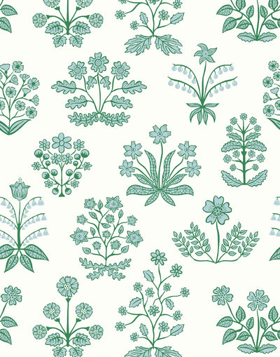 Chance (Sky) wallpaper features intricately illustrated flowers and herbs in green and blue on a white background.