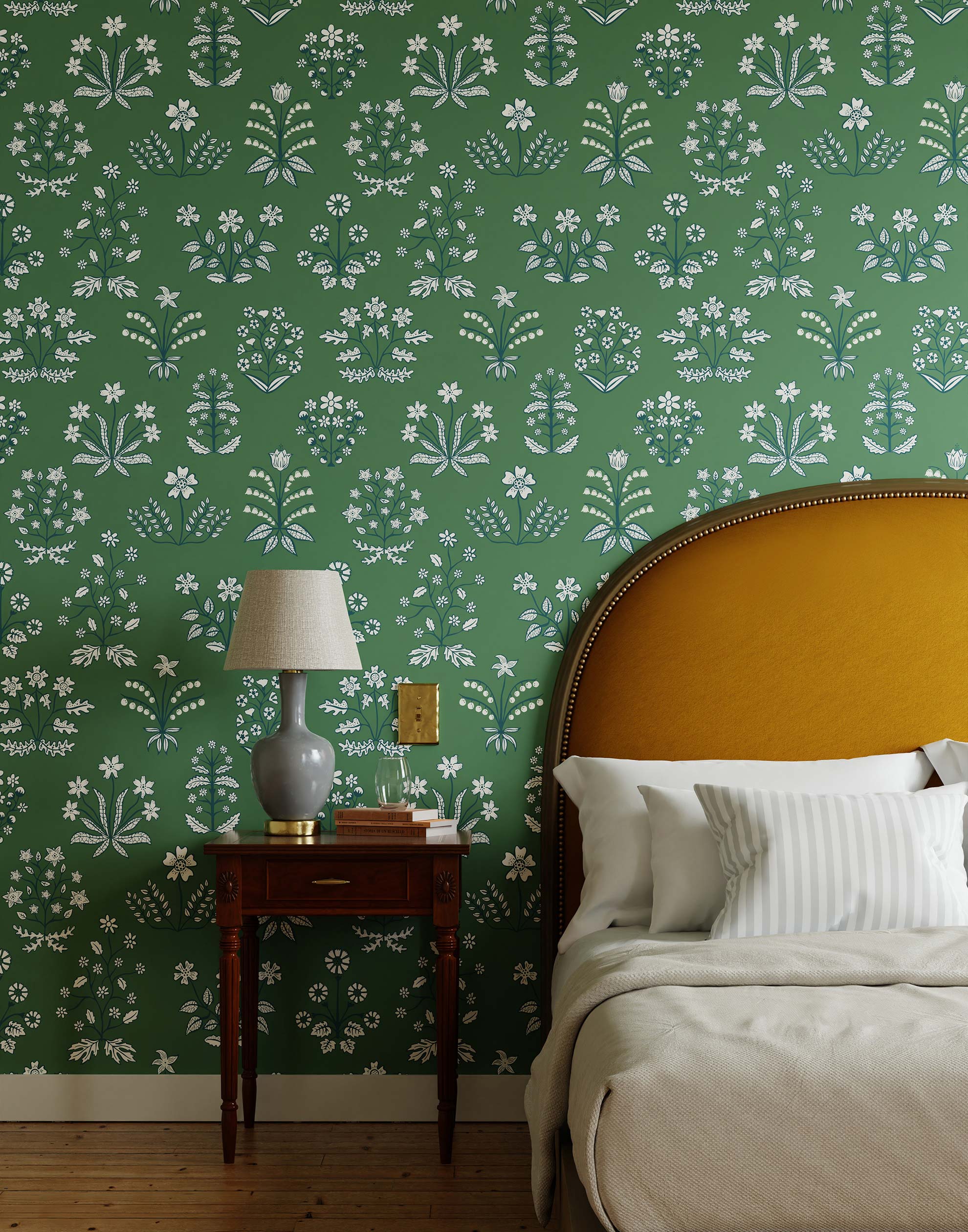 Chance (Juniper) wallpaper features intricately illustrated flowers and herbs in white and blue on a green background.