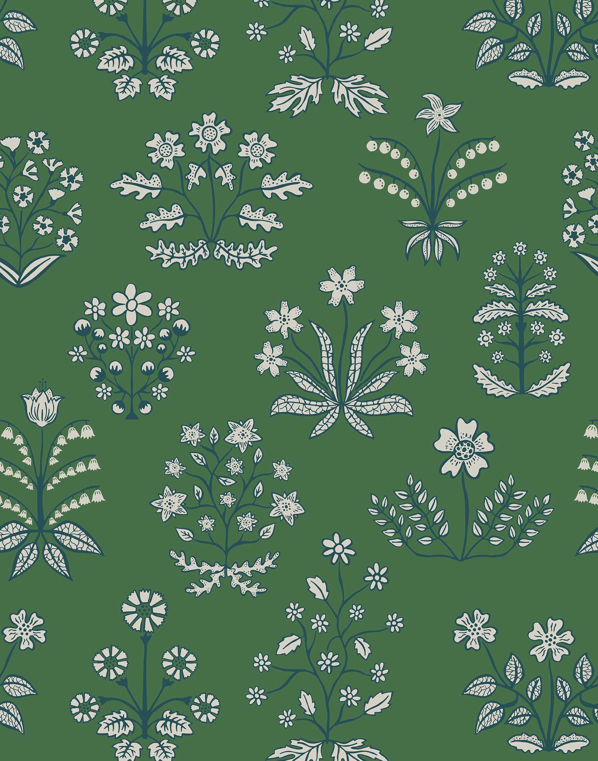 Chance (Juniper) wallpaper features intricately illustrated flowers and herbs in white and blue on a green background.