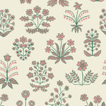 Chance (Punch) wallpaper features intricately illustrated flowers and herbs in green and pink on an off white background.