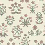Chance (Punch) wallpaper features intricately illustrated flowers and herbs in green and pink on an off white background.
