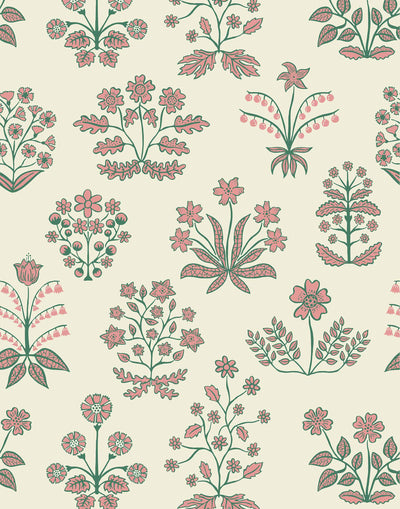 Chance (Punch) wallpaper features intricately illustrated flowers and herbs in green and pink on an off white background.