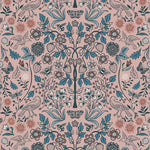 Nora (Rose) wallpaper features a garden of bees, birds, strawberries, and flowers in blue, pink, and white on a dusty pink background.