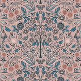 Nora (Rose) wallpaper features a garden of bees, birds, strawberries, and flowers in blue, pink, and white on a dusty pink background.
