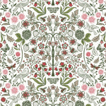 Nora (Leaf) wallpaper features a garden of bees, birds, strawberries, and flowers in shades of green, pink and taupe on a white background.