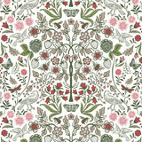 Nora (Leaf) wallpaper features a garden of bees, birds, strawberries, and flowers in shades of green, pink and taupe on a white background.