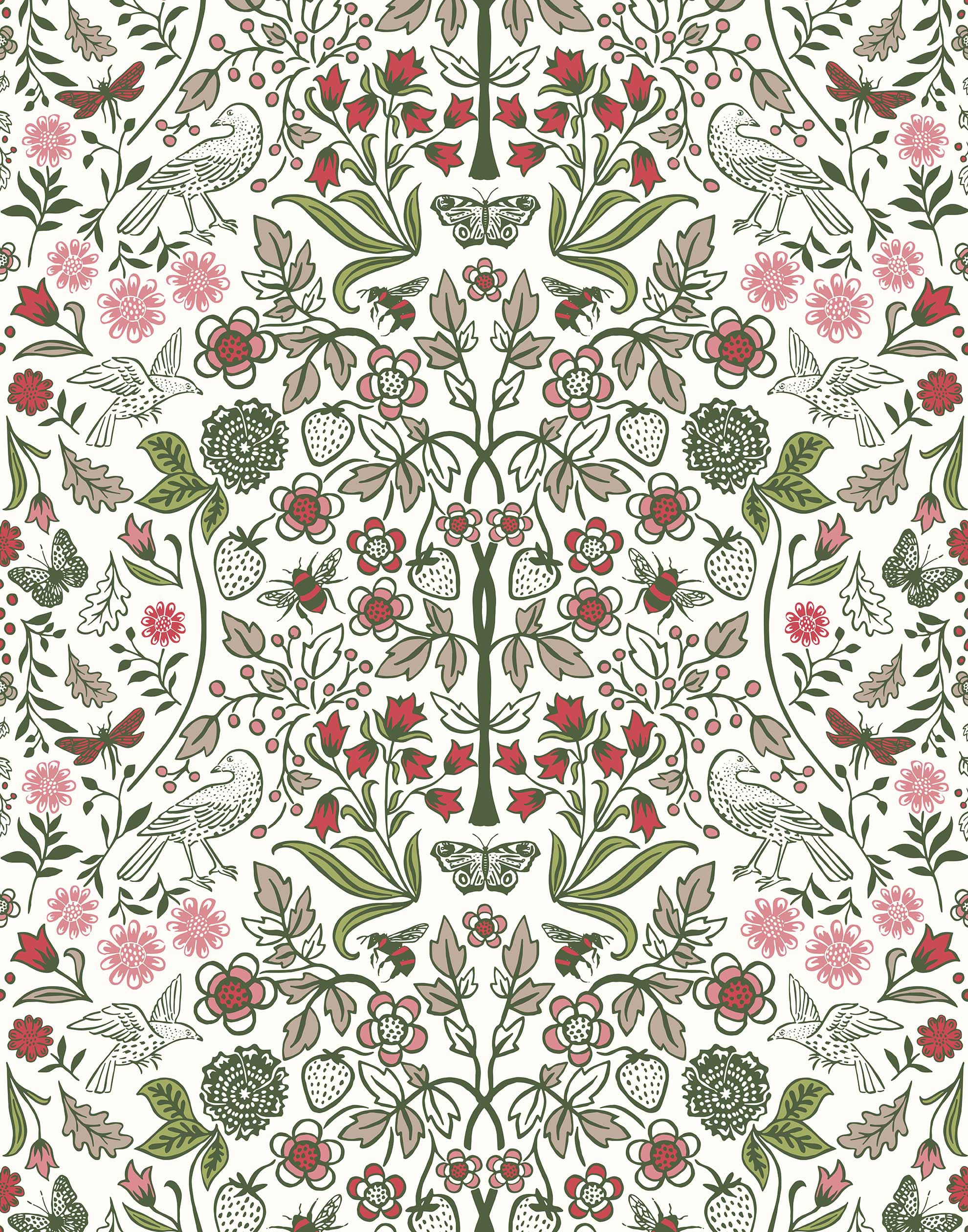 Nora (Leaf) wallpaper features a garden of bees, birds, strawberries, and flowers in shades of green, pink and taupe on a white background.