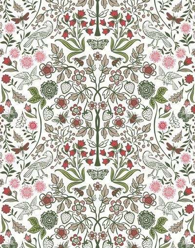 Nora (Leaf) wallpaper features a garden of bees, birds, strawberries, and flowers in shades of green, pink and taupe on a white background.