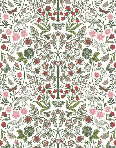 Nora (Leaf) wallpaper features a garden of bees, birds, strawberries, and flowers in shades of green, pink and taupe on a white background.